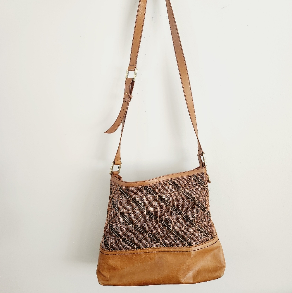 HOBO Kaylan Brown Leather & Weave Blue Lined Shoulder Boho Bag